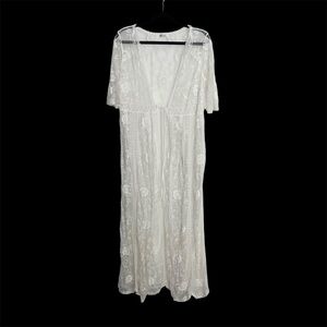 Cupshe White Lace Embroidered Maxi Cover Up Duster Kimono One Size